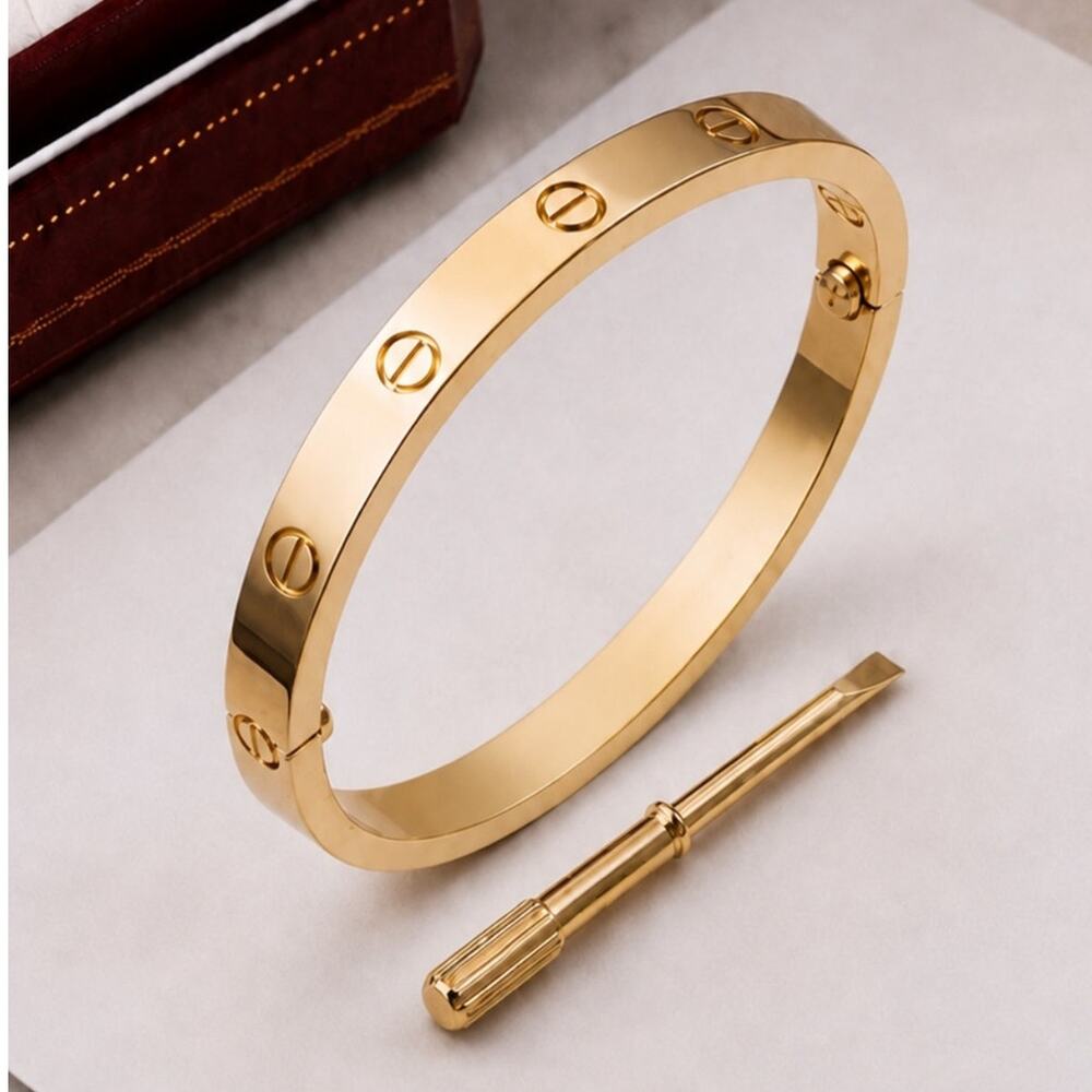 Stamped Love Bangle Bracelet No Stones Gold Plated